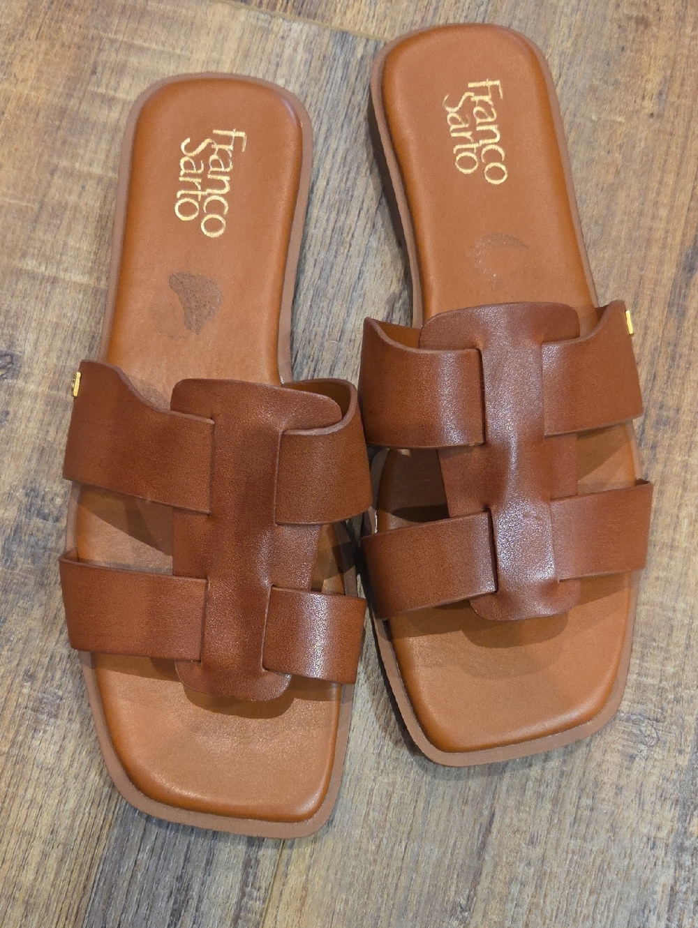 Franco Sarto Cognac Brown Woven Leather Slide Sandals
